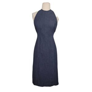 Vtg 90s Ann Taylor Denim Halter‎ Dress Sz 4P Dark Wash Open Tie Back Stretchy